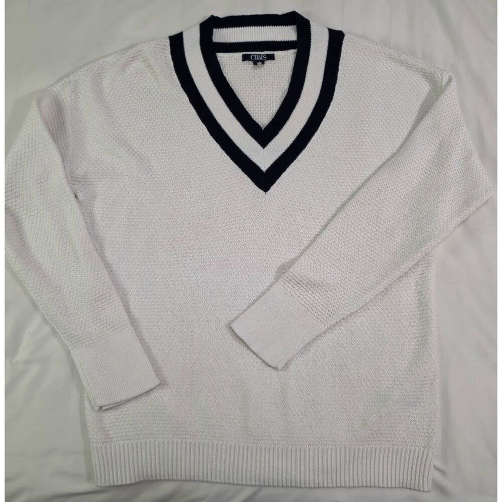 Chaps White V-Neck Cricket Tennis Knit Pullover Sweater Size XL